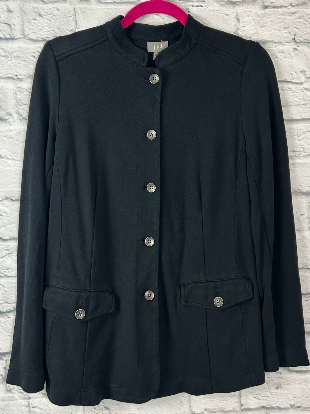 J. Jill Women’s Medium Black Wool Rayon Button Front Knit Jacket Mandarin Collar